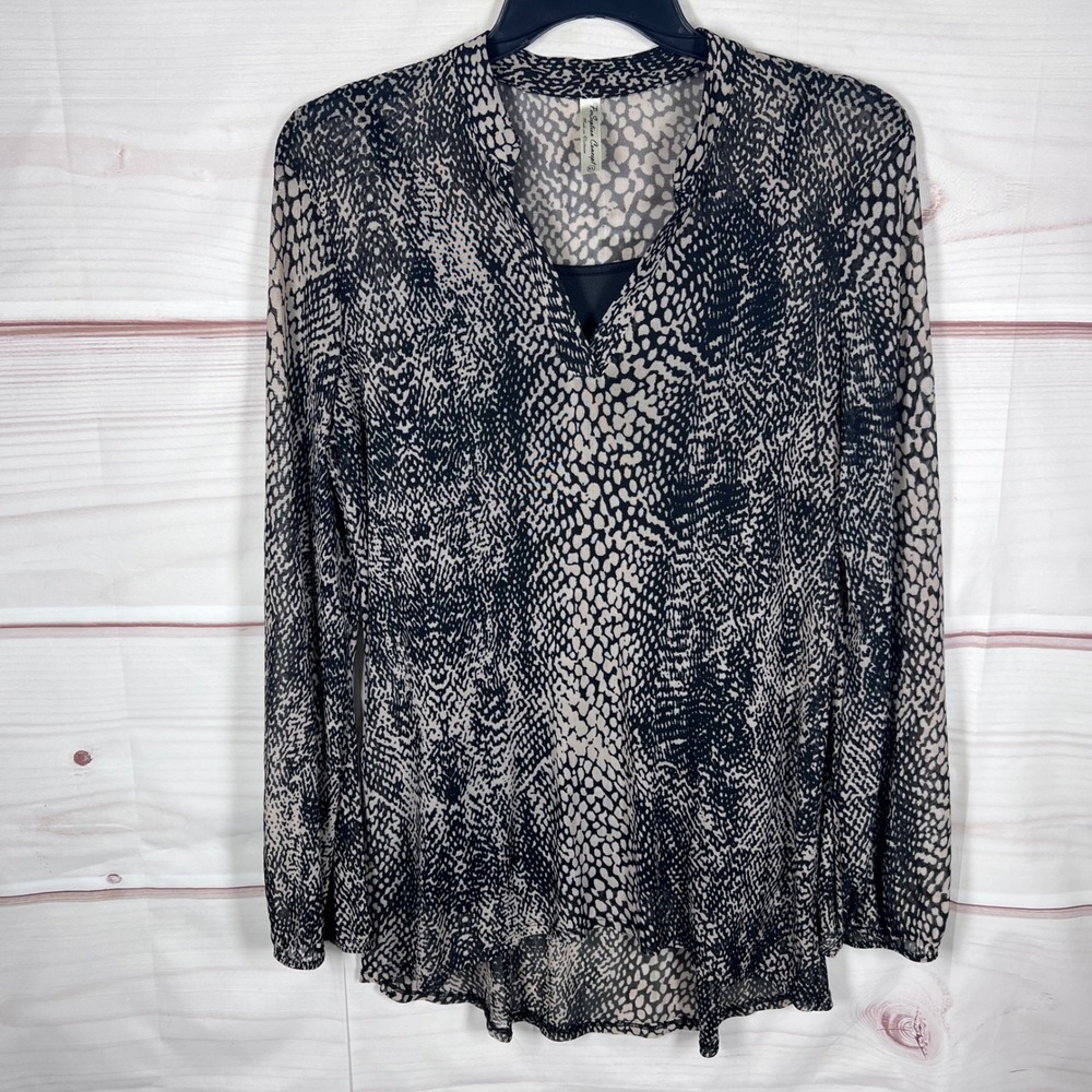 Perception Concept Blouse Women XL Black Animal Print V-Neck Sheer Mesh Career